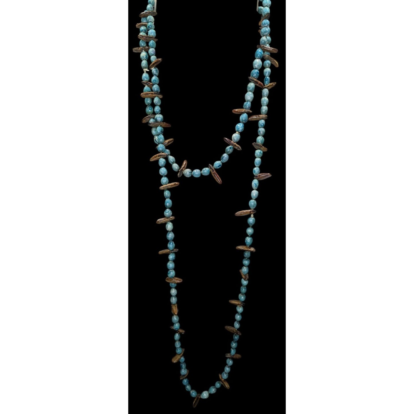 Vintage Blue Dyed Natural Seed Beaded Necklace With Brown Accents