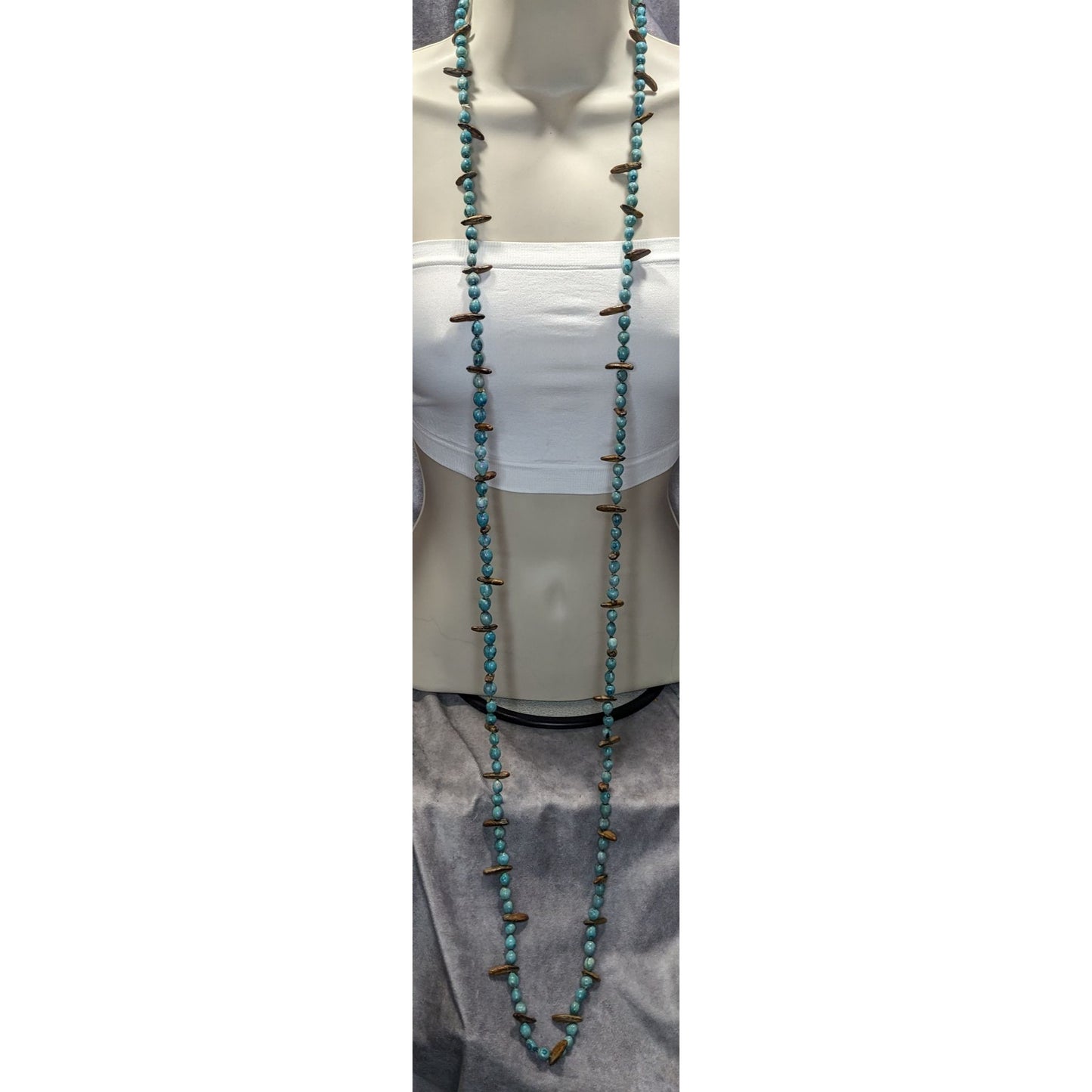 Vintage Blue Dyed Natural Seed Beaded Necklace With Brown Accents