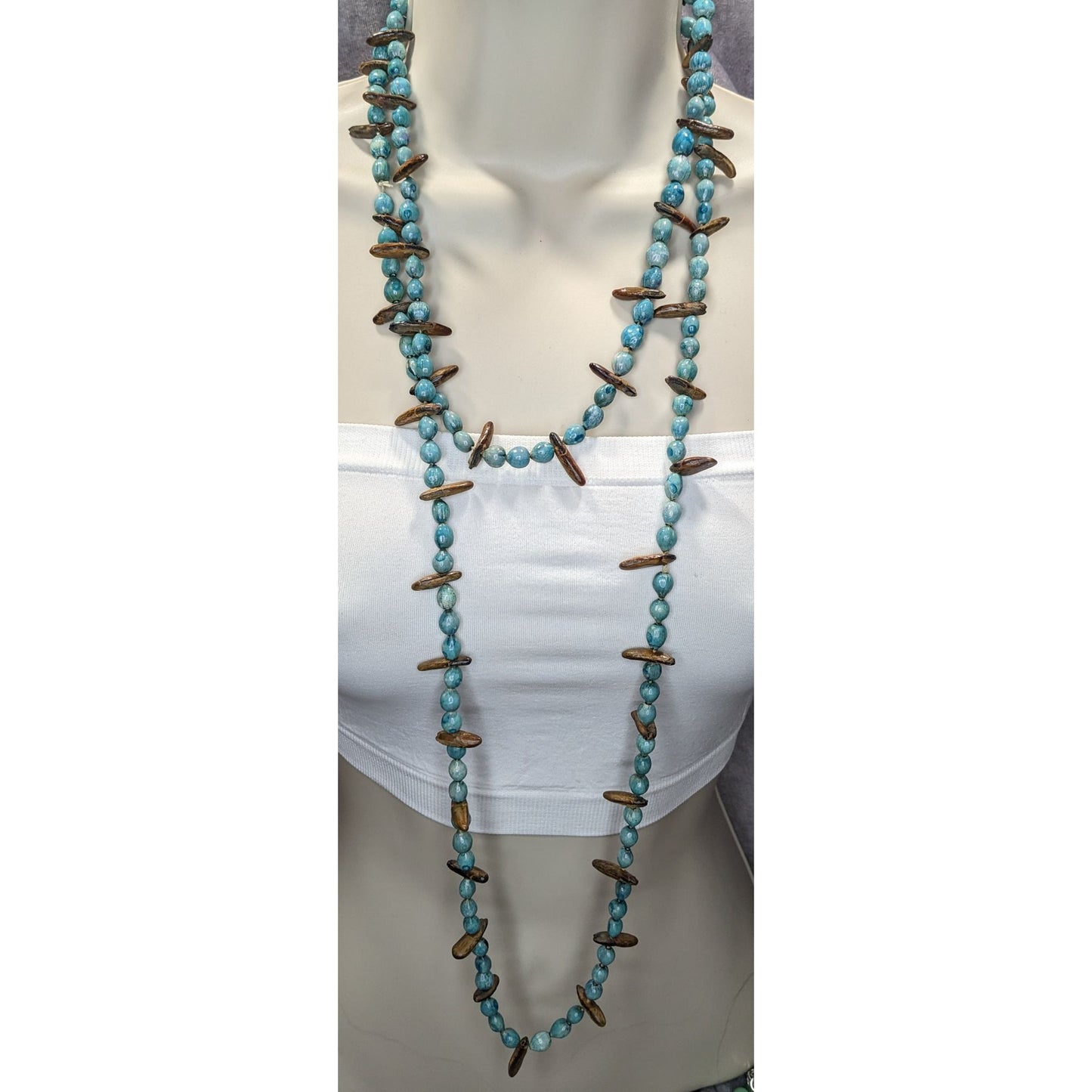 Vintage Blue Dyed Natural Seed Beaded Necklace With Brown Accents