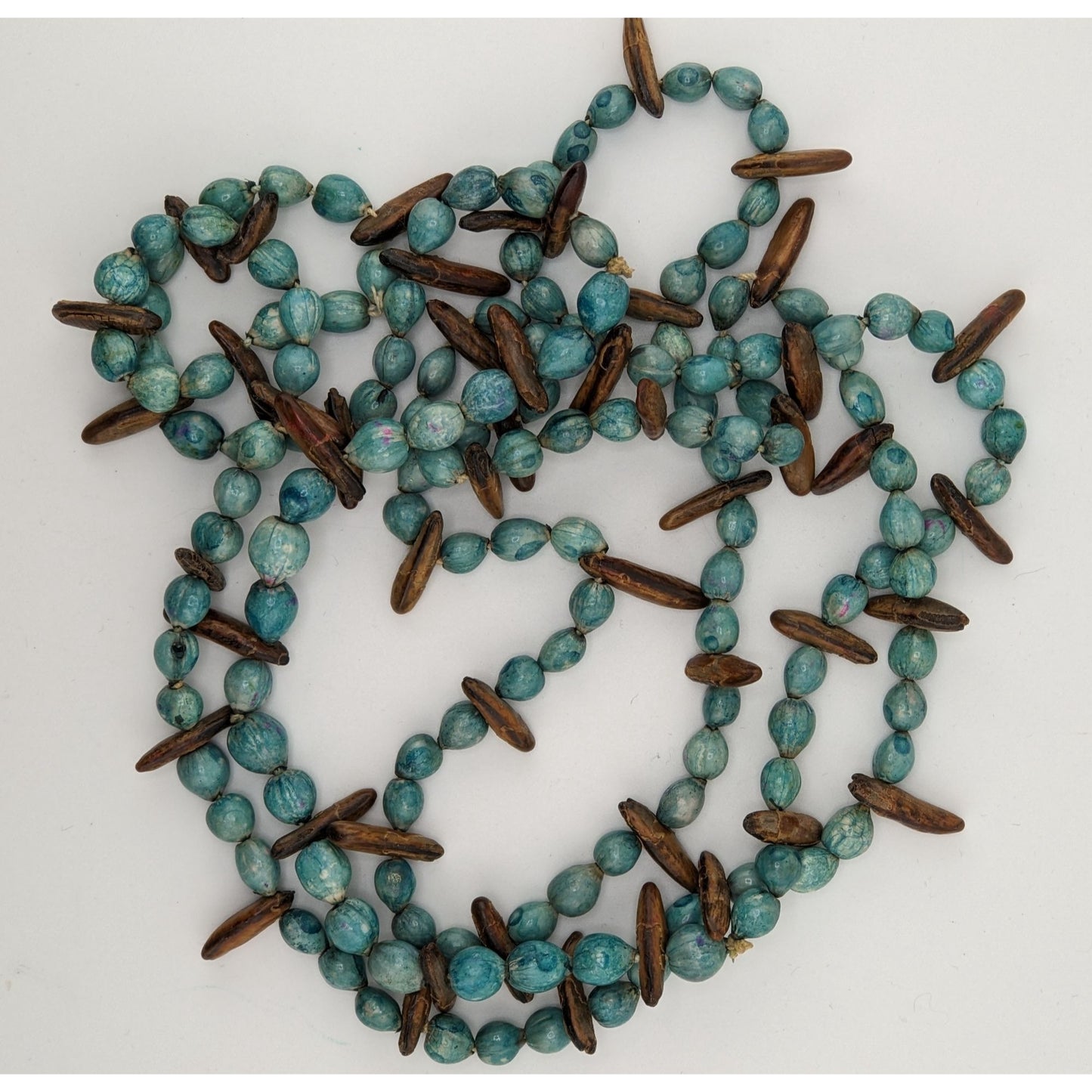 Vintage Blue Dyed Natural Seed Beaded Necklace With Brown Accents