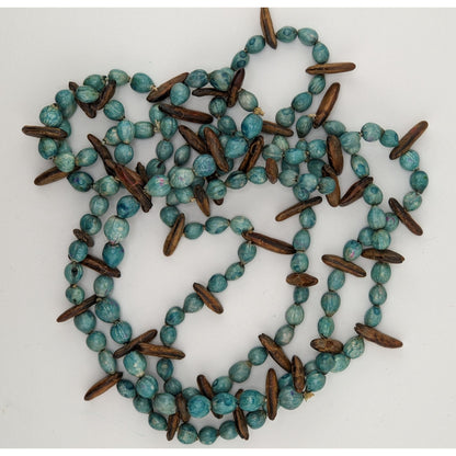 Vintage Blue Dyed Natural Seed Beaded Necklace With Brown Accents