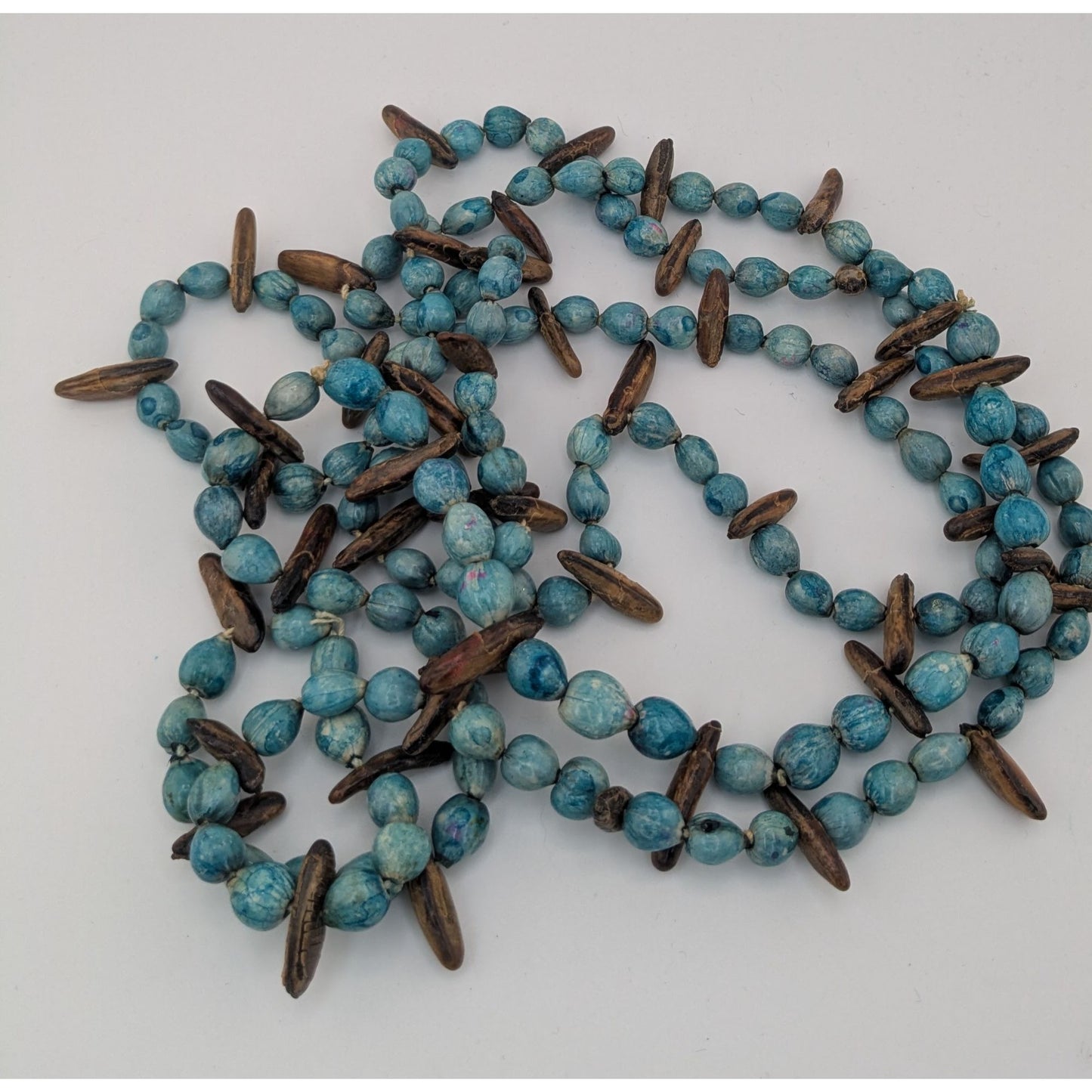 Vintage Blue Dyed Natural Seed Beaded Necklace With Brown Accents