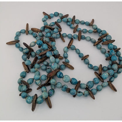 Vintage Blue Dyed Natural Seed Beaded Necklace With Brown Accents