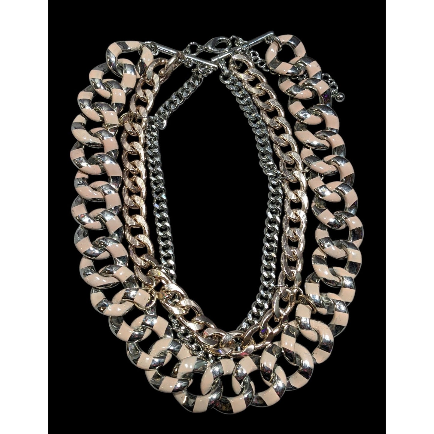 Metallic Statement Necklace Silver And Gold Tone With Pink Painted Stripes