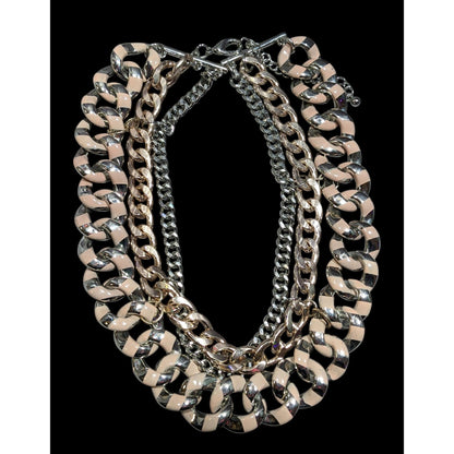 Metallic Statement Necklace Silver And Gold Tone With Pink Painted Stripes
