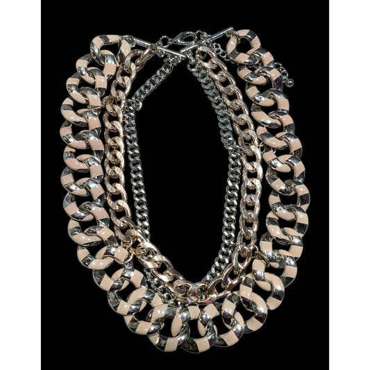 Metallic Statement Necklace Silver And Gold Tone With Pink Painted Stripes
