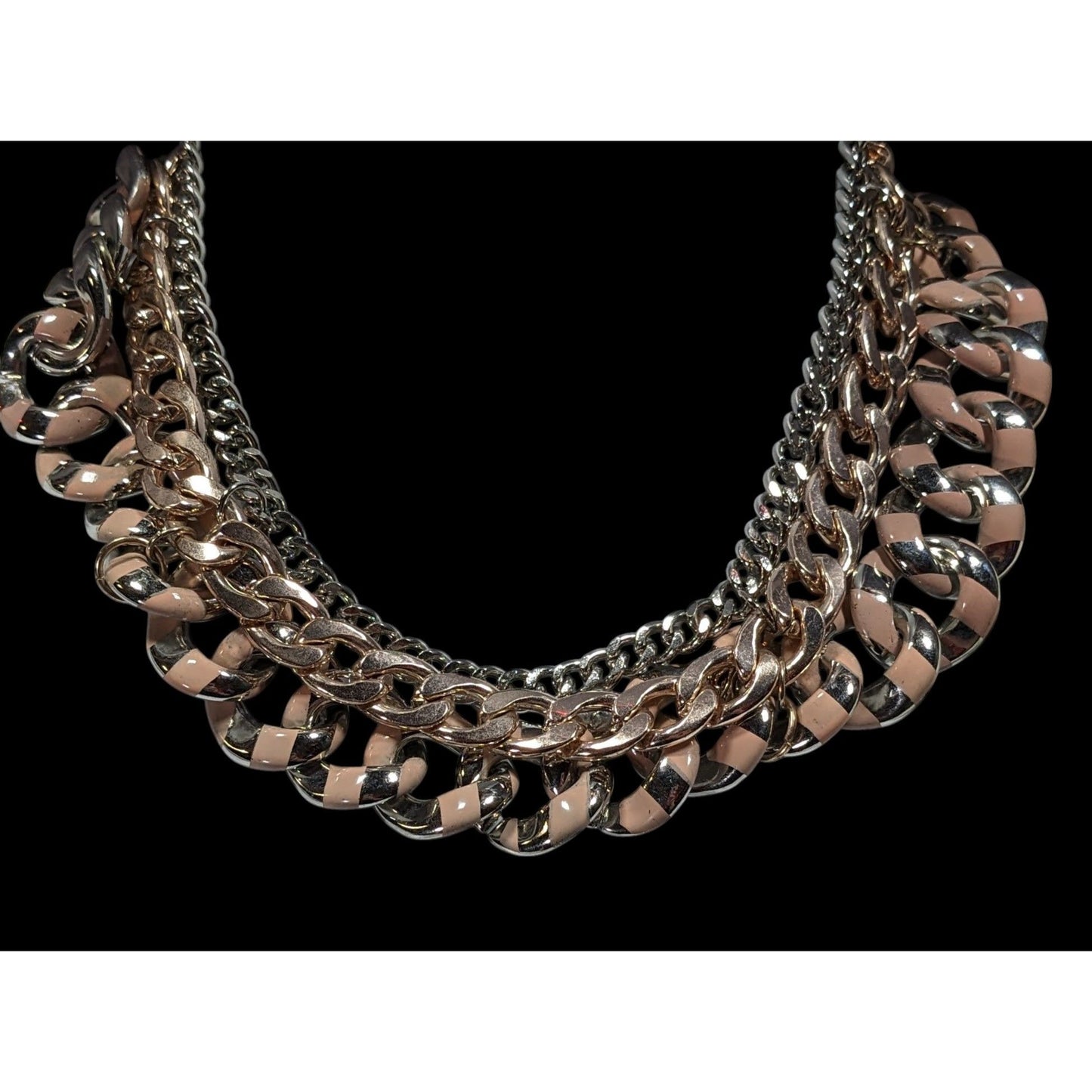 Metallic Statement Necklace Silver And Gold Tone With Pink Painted Stripes