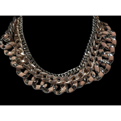 Metallic Statement Necklace Silver And Gold Tone With Pink Painted Stripes