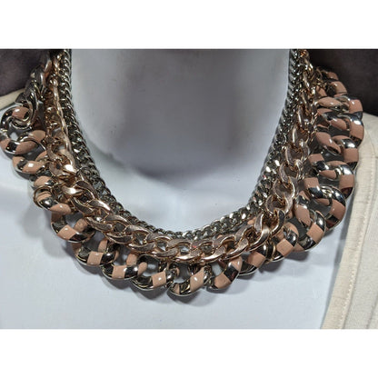 Metallic Statement Necklace Silver And Gold Tone With Pink Painted Stripes