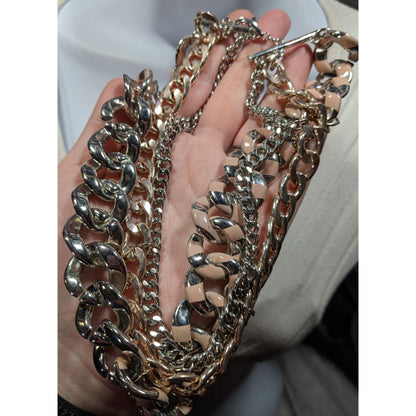 Metallic Statement Necklace Silver And Gold Tone With Pink Painted Stripes