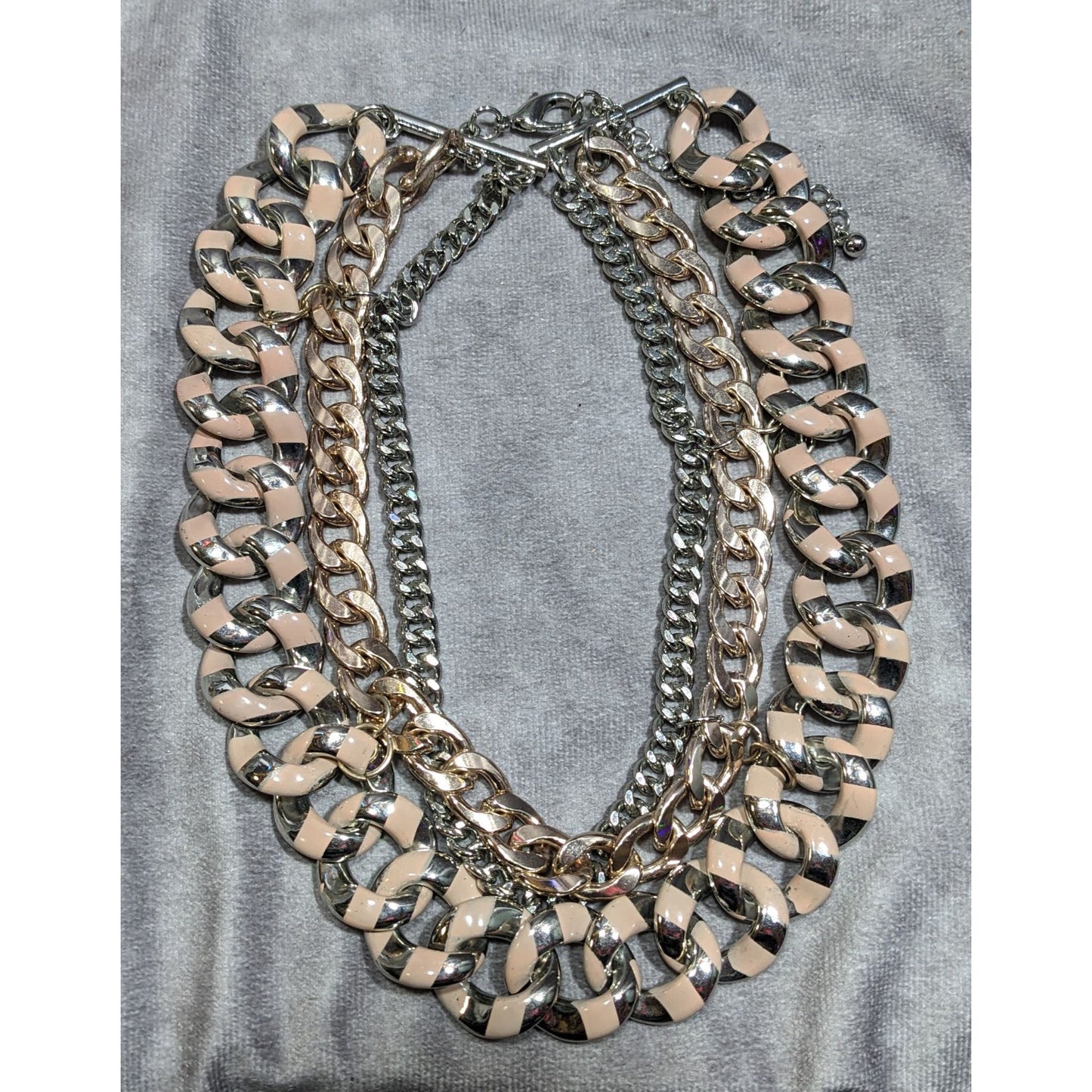Metallic Statement Necklace Silver And Gold Tone With Pink Painted Stripes