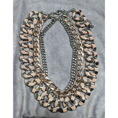 Metallic Statement Necklace Silver And Gold Tone With Pink Painted Stripes