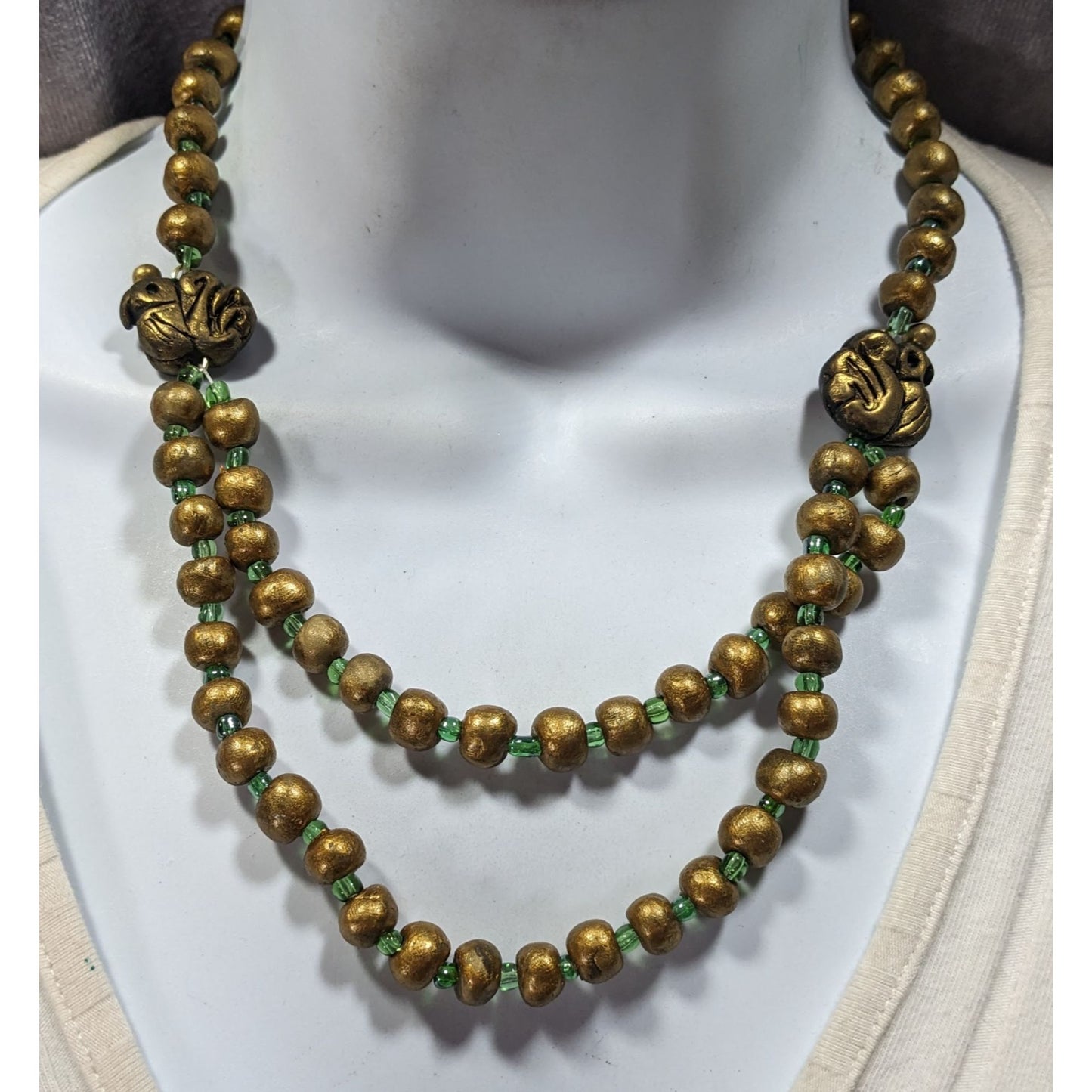 Handmade Polymer Clay Beaded Gold Tone And Green Necklace With Bird Accents