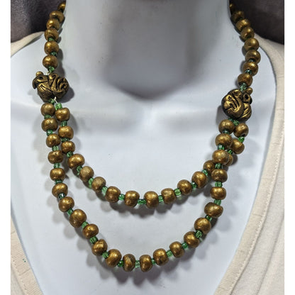 Handmade Polymer Clay Beaded Gold Tone And Green Necklace With Bird Accents