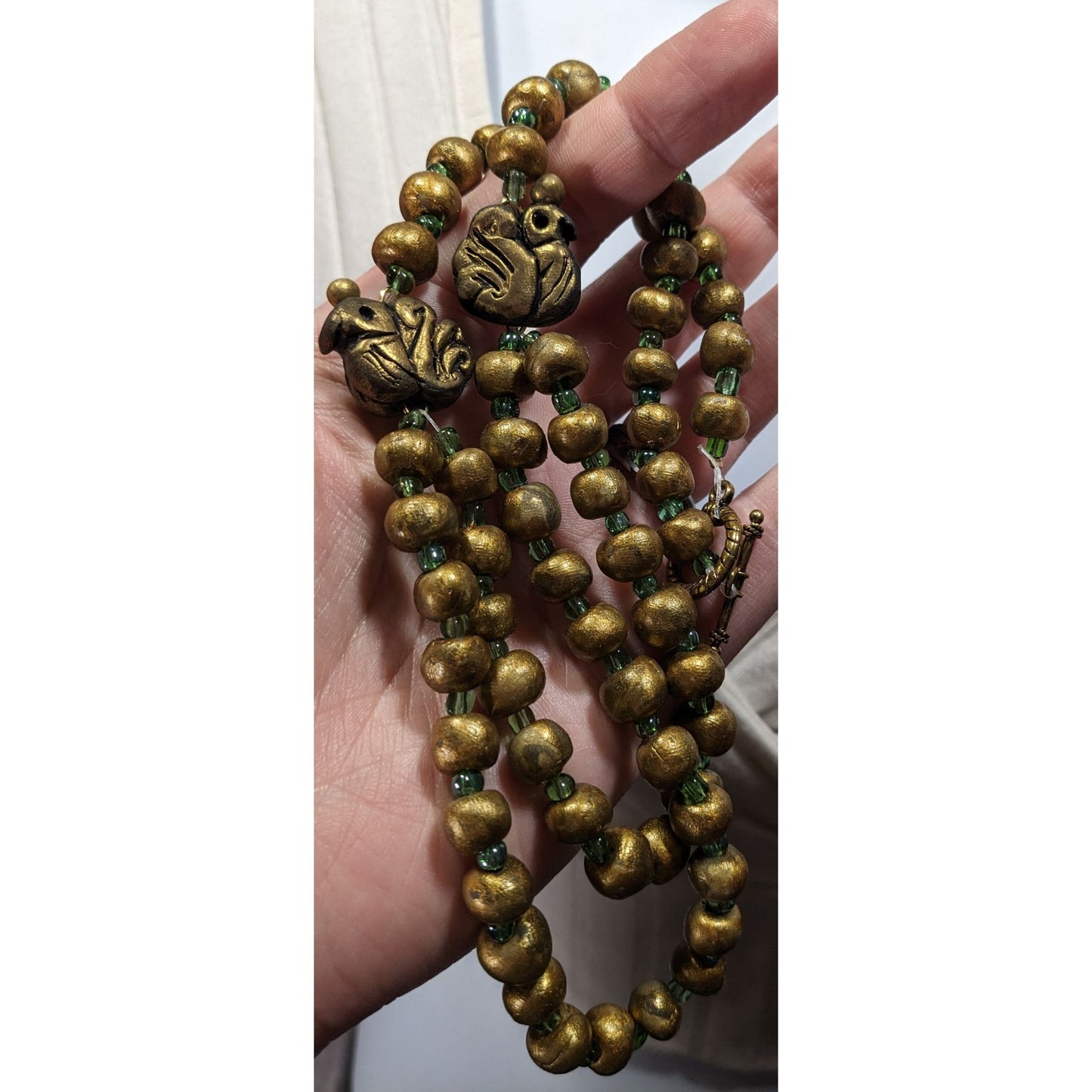 Handmade Polymer Clay Beaded Gold Tone And Green Necklace With Bird Accents