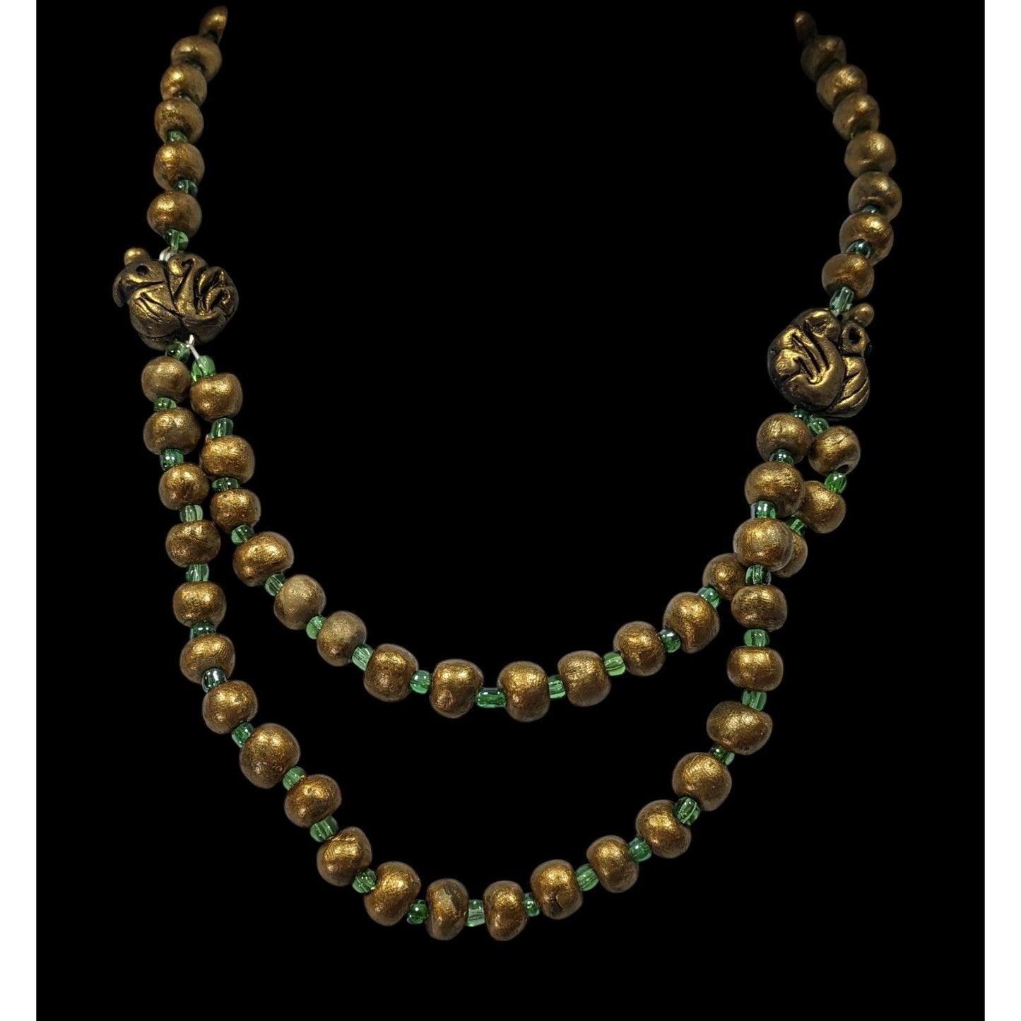 Handmade Polymer Clay Beaded Gold Tone And Green Necklace With Bird Accents