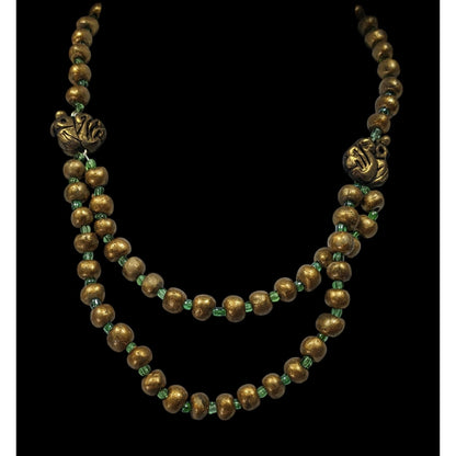 Handmade Polymer Clay Beaded Gold Tone And Green Necklace With Bird Accents