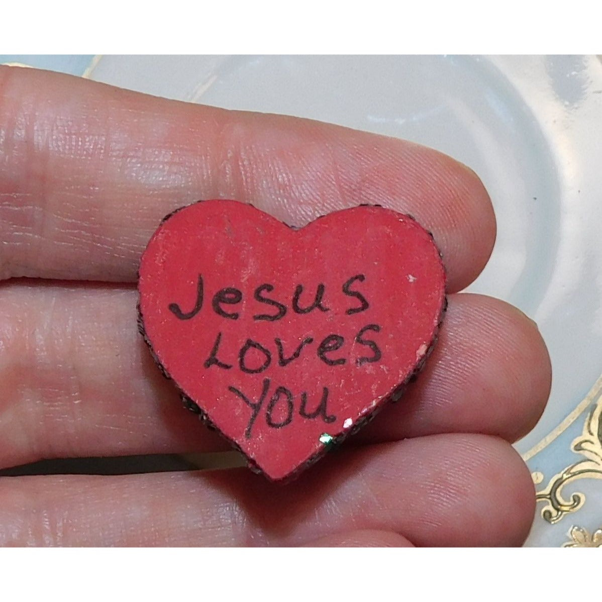 Handmade Jesus Loves You Painted Wood Brooch With Glitter Edges