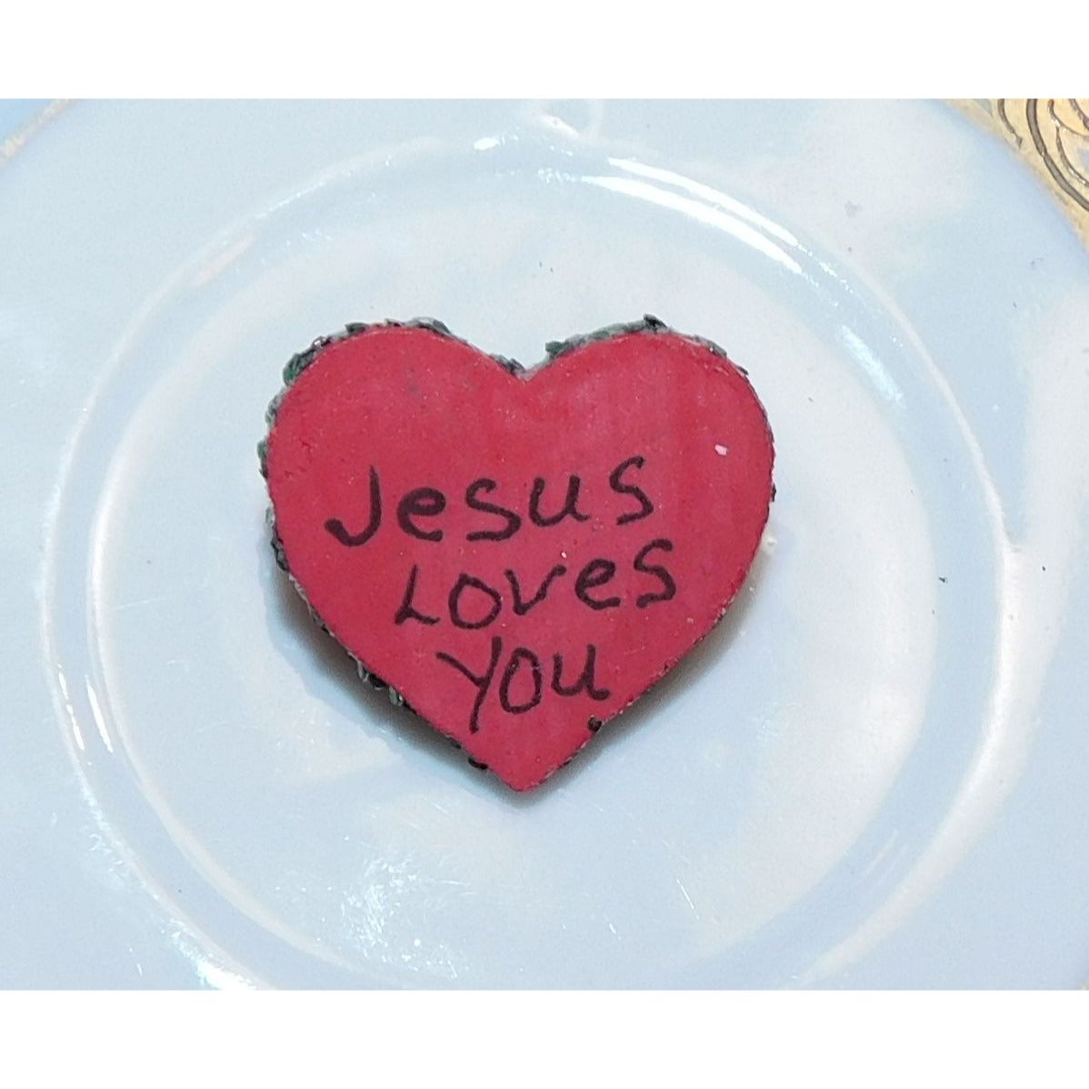 Handmade Jesus Loves You Painted Wood Brooch With Glitter Edges