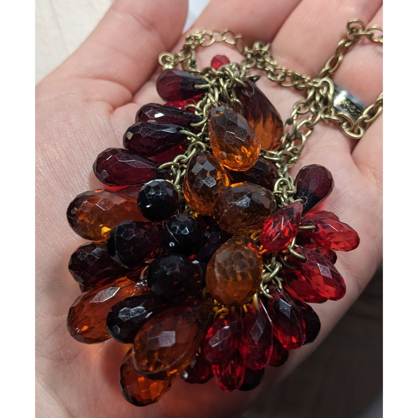 Funky Red And Orange Clustered Faceted Gem Necklace