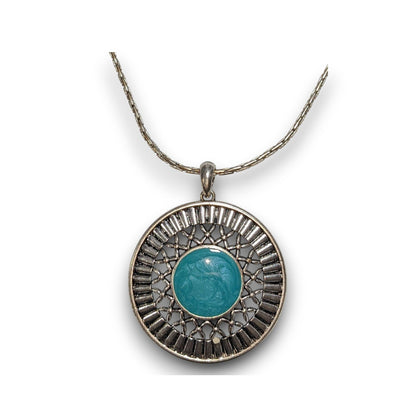 Southwestern Boho Silver Tone Turquoise Blue Enamel Medallion Necklace 16 Inch