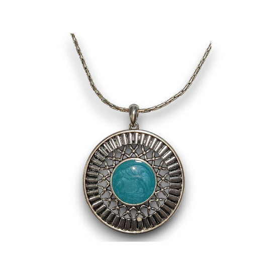 Southwestern Boho Silver Tone Turquoise Blue Enamel Medallion Necklace 16 Inch