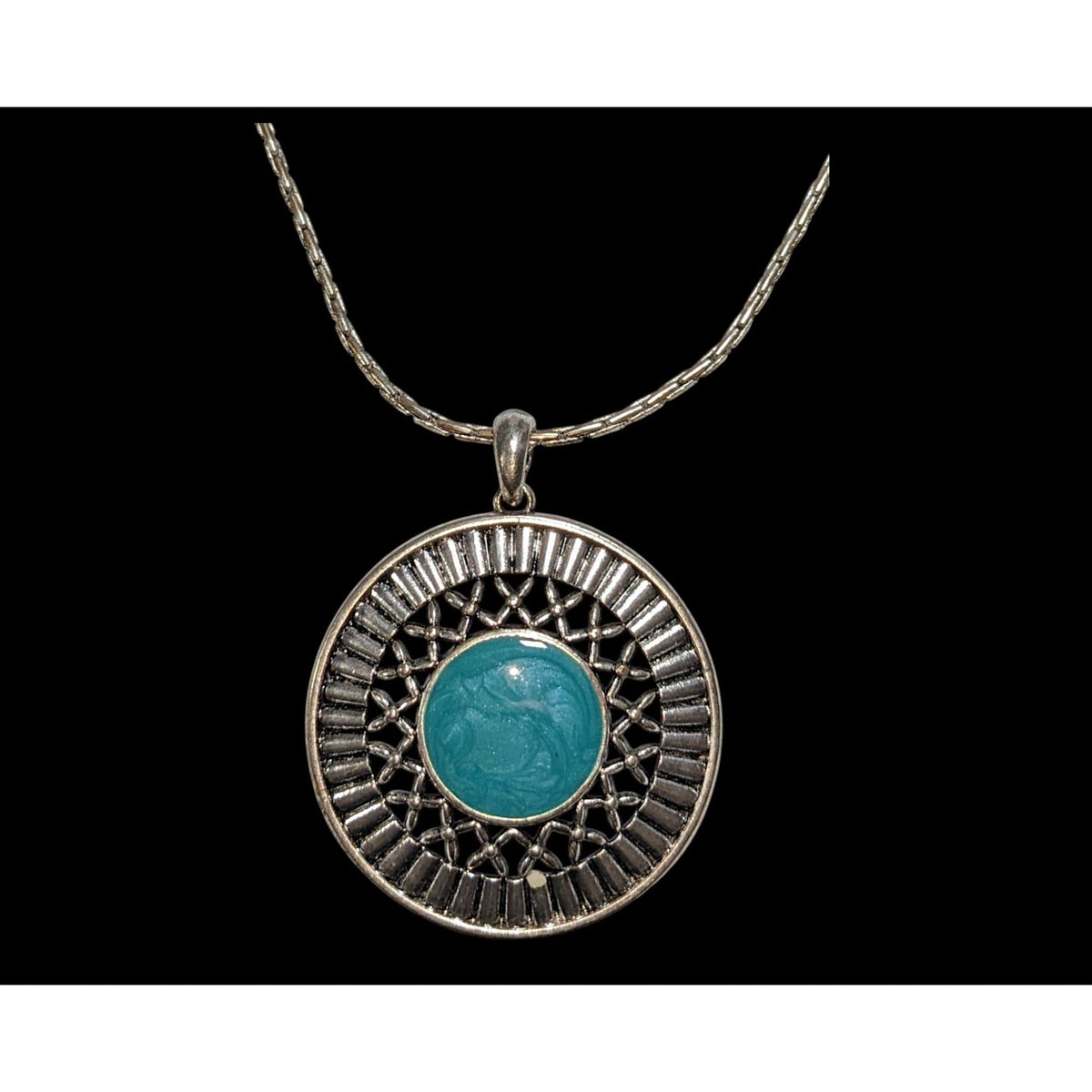 Southwestern Boho Silver Tone Turquoise Blue Enamel Medallion Necklace 16 Inch