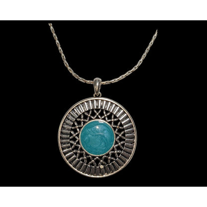 Southwestern Boho Silver Tone Turquoise Blue Enamel Medallion Necklace 16 Inch