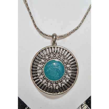 Southwestern Boho Silver Tone Turquoise Blue Enamel Medallion Necklace 16 Inch