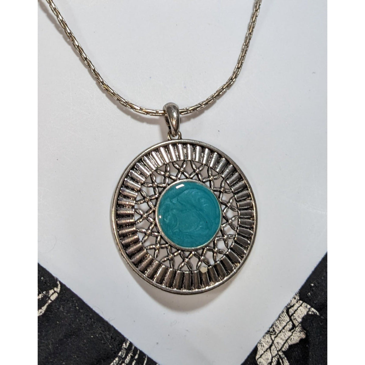 Southwestern Boho Silver Tone Turquoise Blue Enamel Medallion Necklace 16 Inch