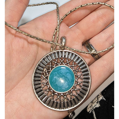 Southwestern Boho Silver Tone Turquoise Blue Enamel Medallion Necklace 16 Inch