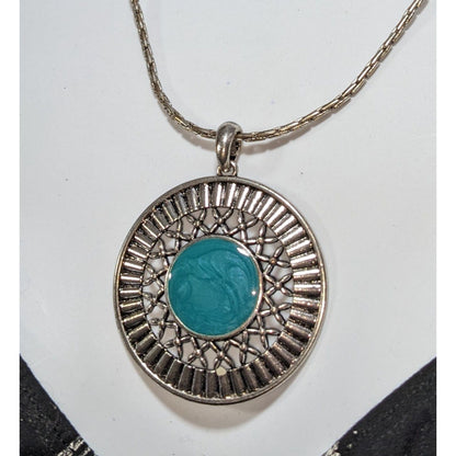 Southwestern Boho Silver Tone Turquoise Blue Enamel Medallion Necklace 16 Inch