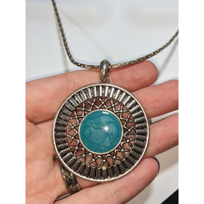 Southwestern Boho Silver Tone Turquoise Blue Enamel Medallion Necklace 16 Inch