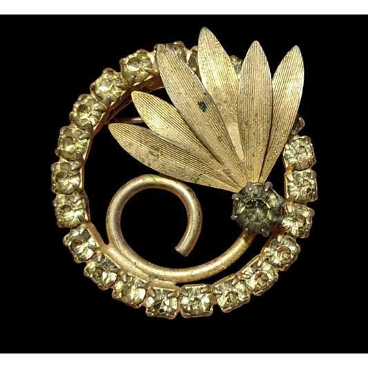 Vintage Gold Tone Floral Rhinestone Brooch