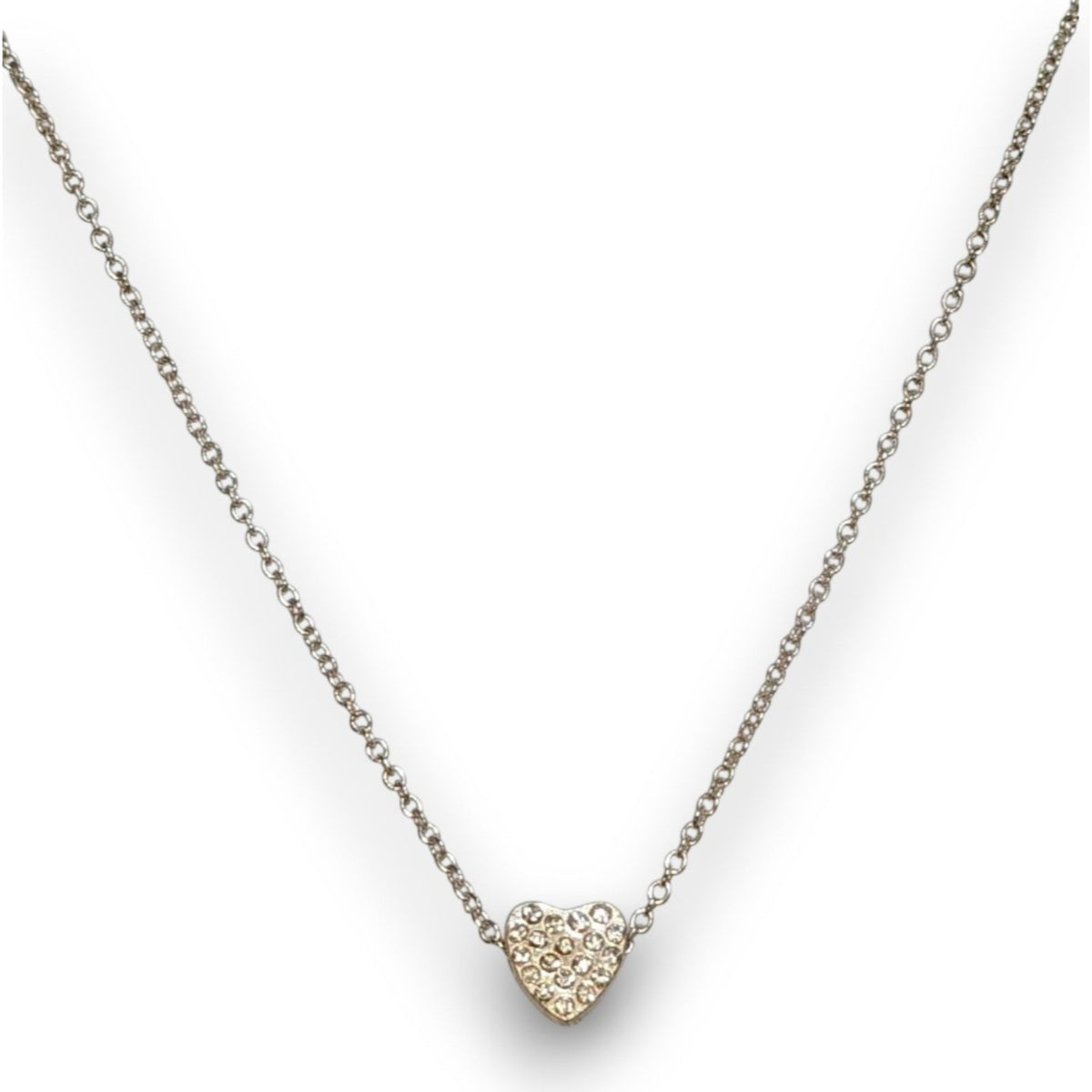 Romantic Silver Tone Clear Rhinestone Heart Necklace 16 Inch EUC