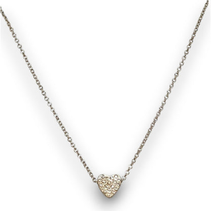 Romantic Silver Tone Clear Rhinestone Heart Necklace 16 Inch EUC