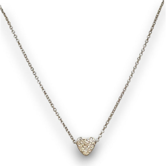 Romantic Silver Tone Clear Rhinestone Heart Necklace 16 Inch EUC