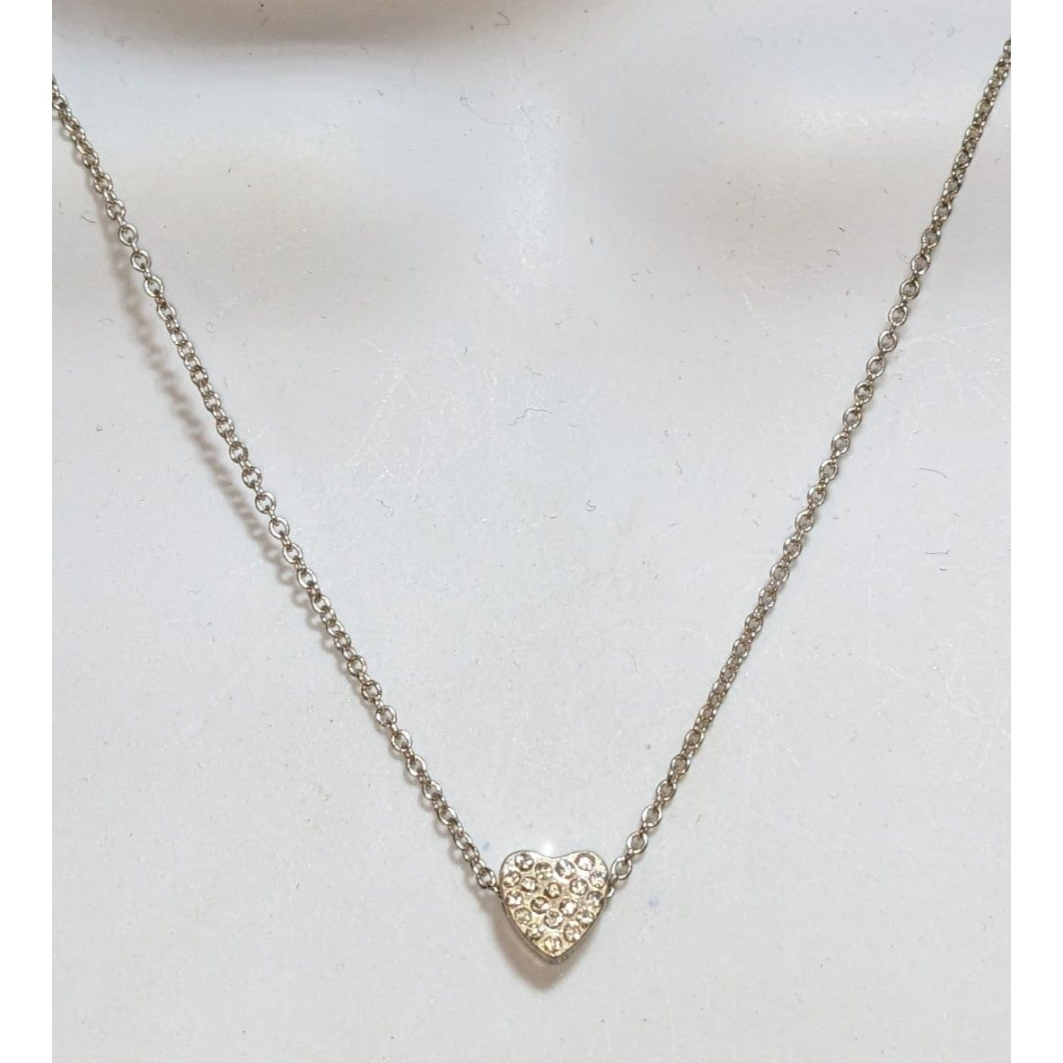 Romantic Silver Tone Clear Rhinestone Heart Necklace 16 Inch EUC