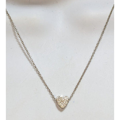 Romantic Silver Tone Clear Rhinestone Heart Necklace 16 Inch EUC