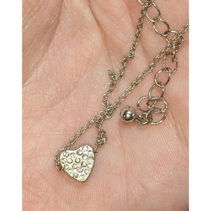 Romantic Silver Tone Clear Rhinestone Heart Necklace 16 Inch EUC