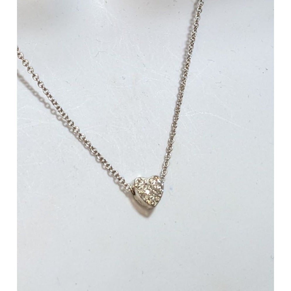 Romantic Silver Tone Clear Rhinestone Heart Necklace 16 Inch EUC