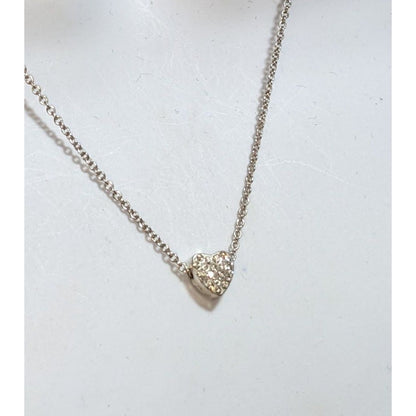 Romantic Silver Tone Clear Rhinestone Heart Necklace 16 Inch EUC
