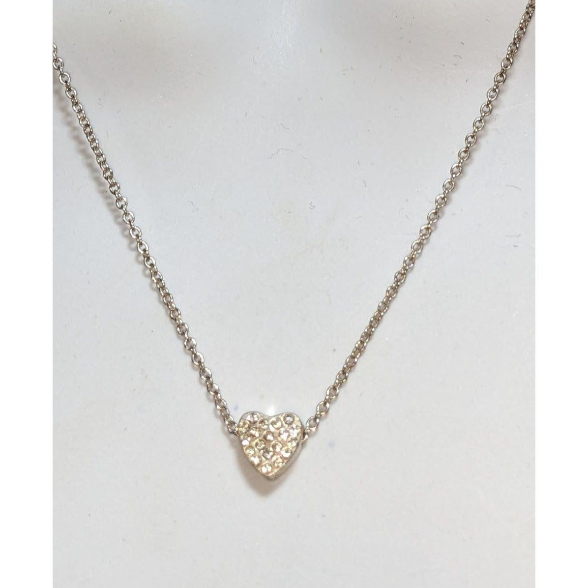 Romantic Silver Tone Clear Rhinestone Heart Necklace 16 Inch EUC