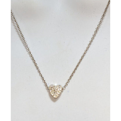 Romantic Silver Tone Clear Rhinestone Heart Necklace 16 Inch EUC