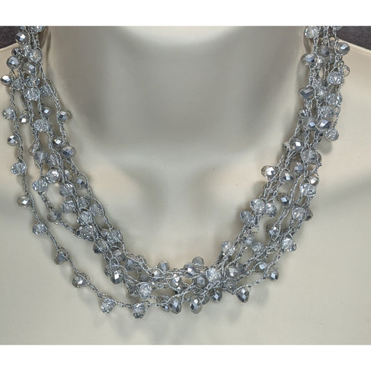 Layered Sparkly Glass Beaded Necklace Silver Tone Glam Statement Jewelry