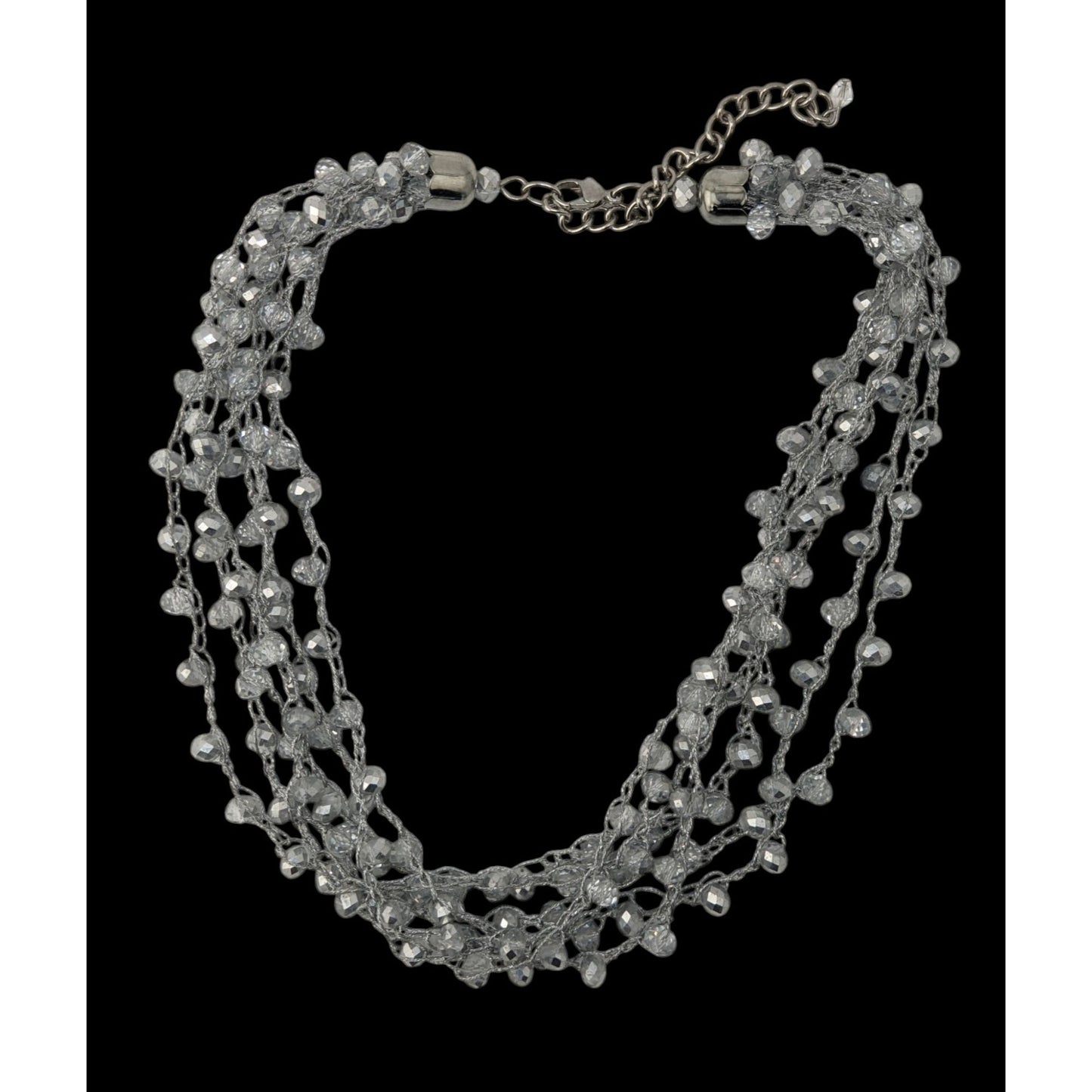 Layered Sparkly Glass Beaded Necklace Silver Tone Glam Statement Jewelry