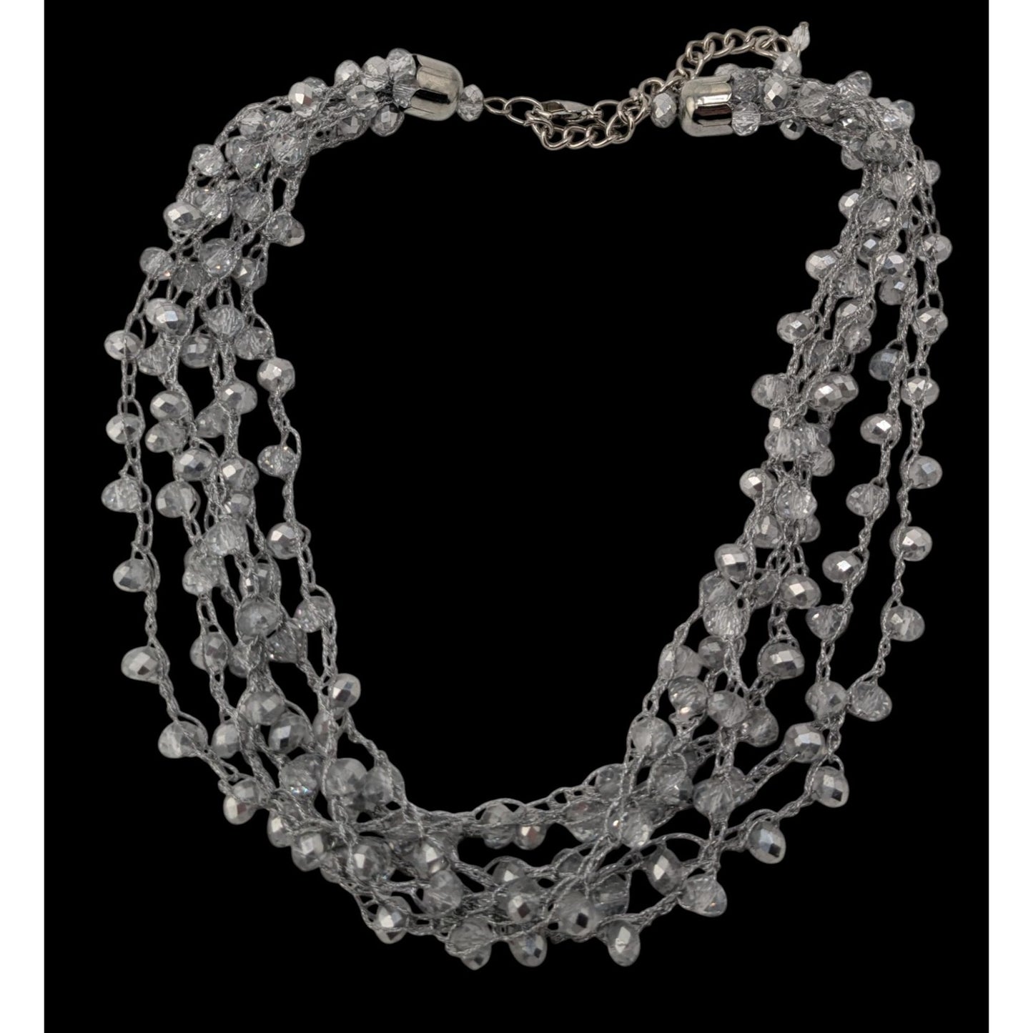 Layered Sparkly Glass Beaded Necklace Silver Tone Glam Statement Jewelry
