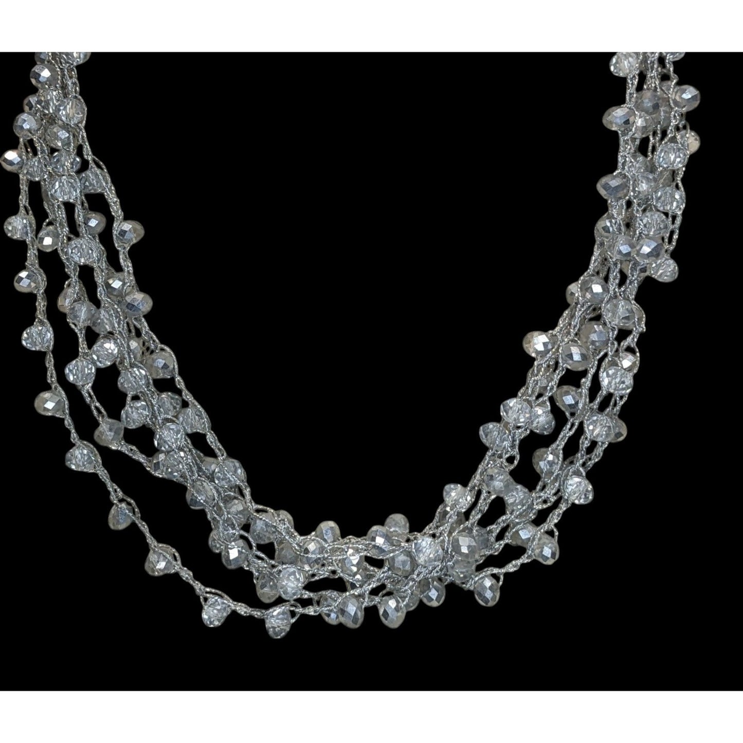 Layered Sparkly Glass Beaded Necklace Silver Tone Glam Statement Jewelry