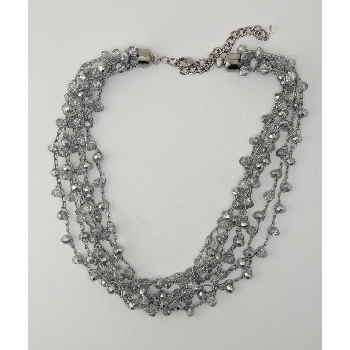 Layered Sparkly Glass Beaded Necklace Silver Tone Glam Statement Jewelry