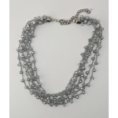 Layered Sparkly Glass Beaded Necklace Silver Tone Glam Statement Jewelry